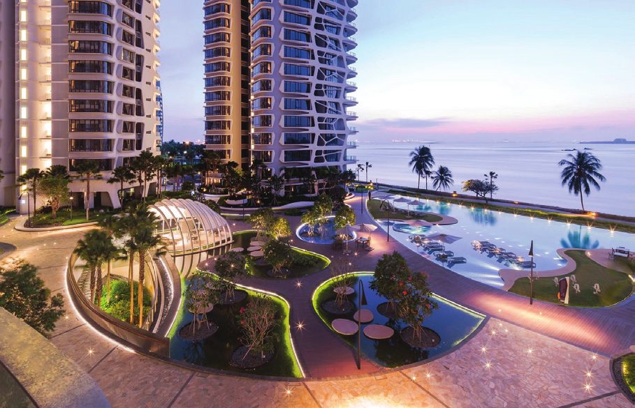 Pool deck at dusk