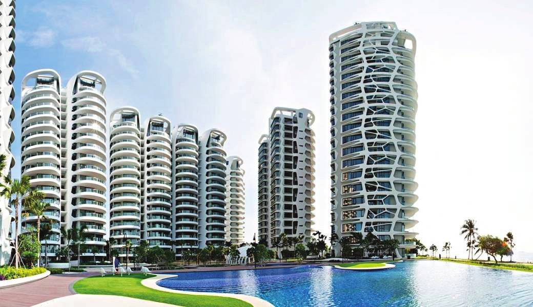 Curved towers above the pool